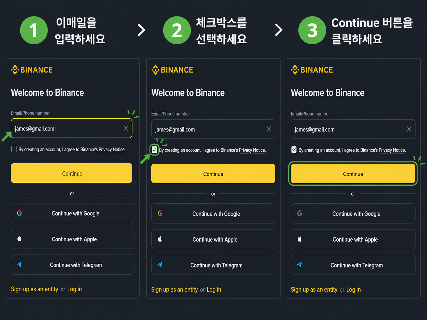바이낸스 회원가입 3단계 - 이메일 입력, 약관 동의 체크박스 선택, Continue 버튼 클릭 순서 가이드