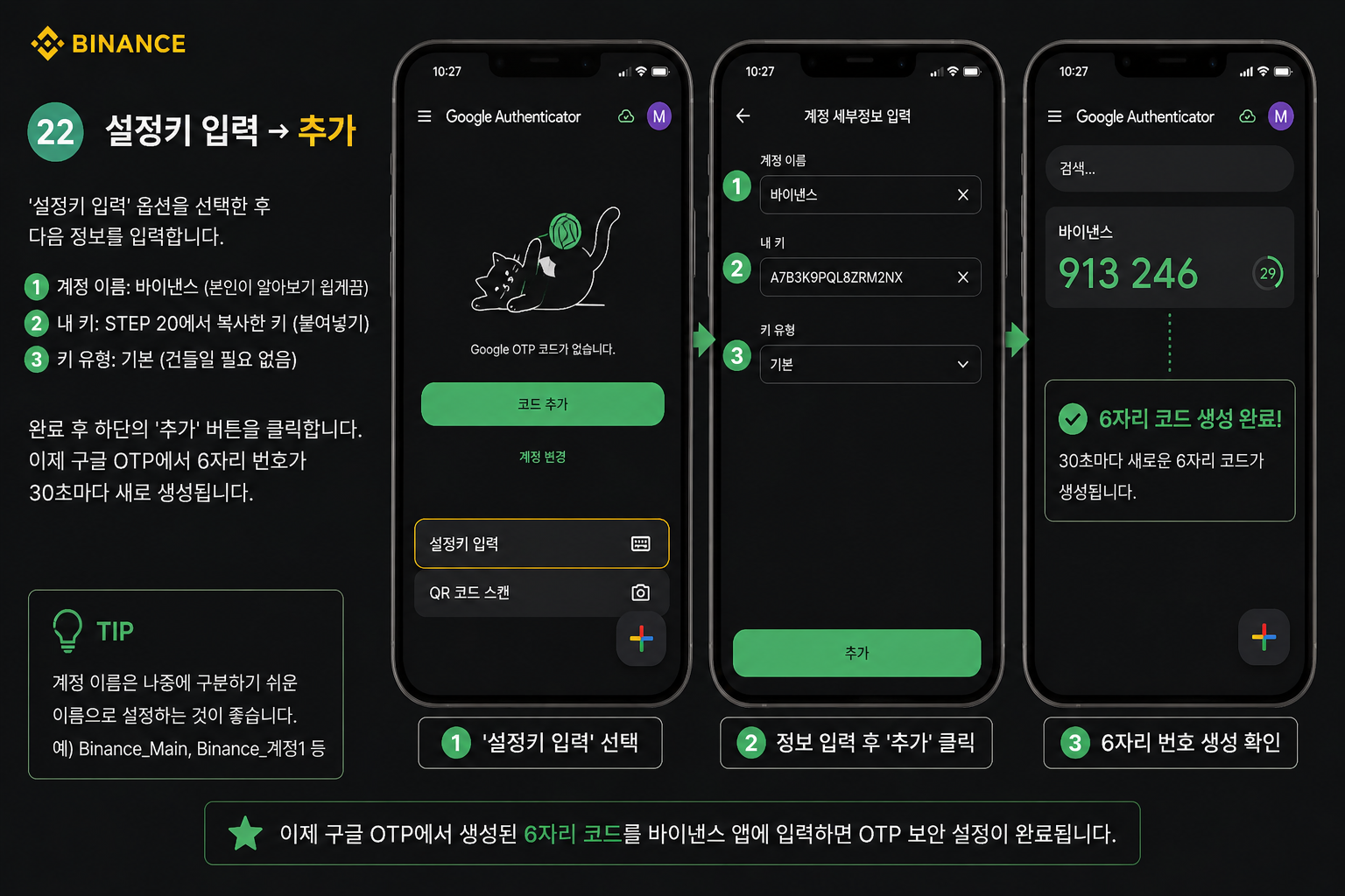 Google Authenticator 설정키 입력 3단계 - 1단계 '설정 키 입력' 선택, 2단계 계정 이름과 16자리 키 입력 후 '추가' 버튼 클릭, 3단계 6자리 코드(913 246) 생성 완료 확인