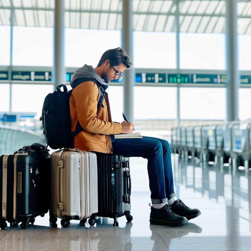 공항에서 여행 일기를 쓰는 여행자