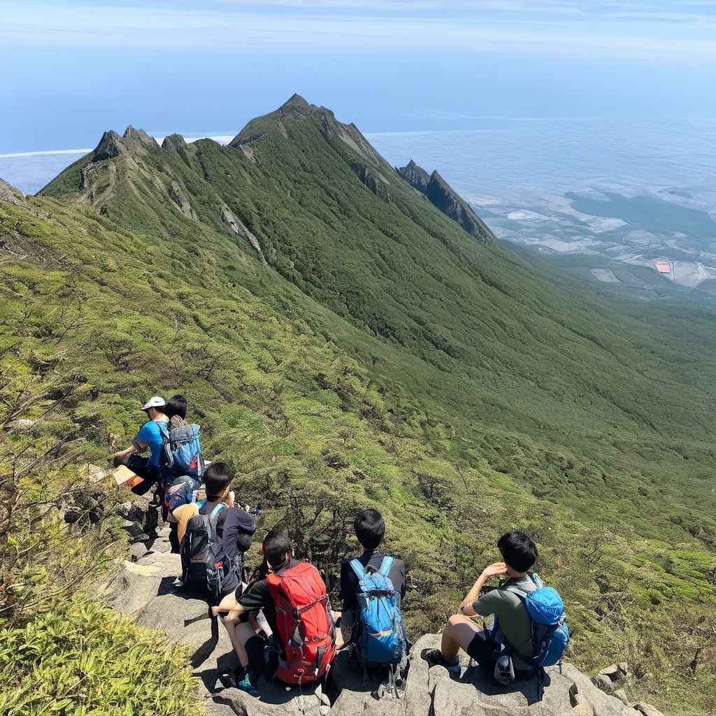 한라산에서  뷰를 감상하는 등산객들